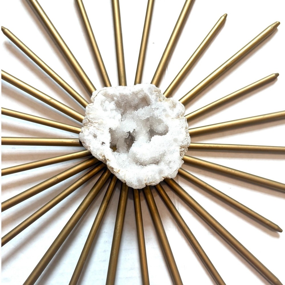 Gold MCM Metal Sunburst Wall Art Set Natural White Quartz Geode Centers 2pc - Picture 9 of 10